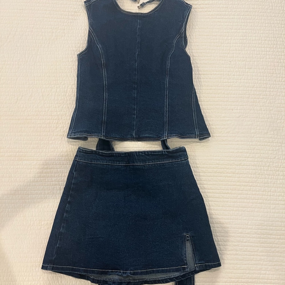 Dark Blue Denim Top and Skirt Set